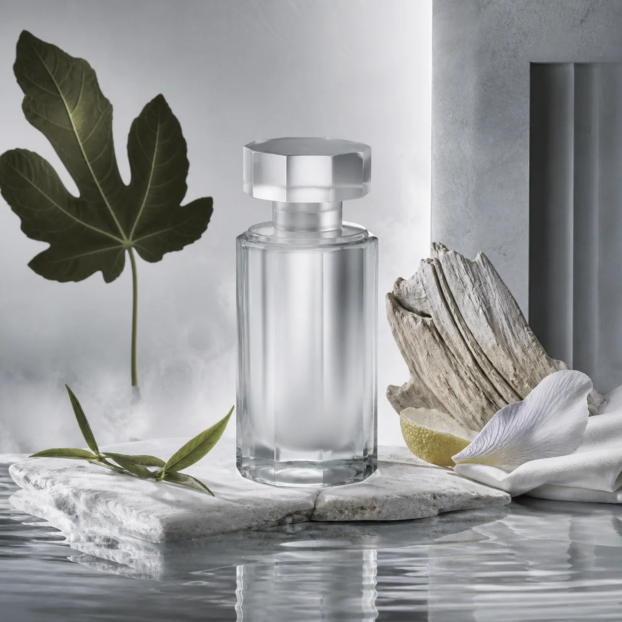 Pale Museum concept visual with clear vessels and cool woods
